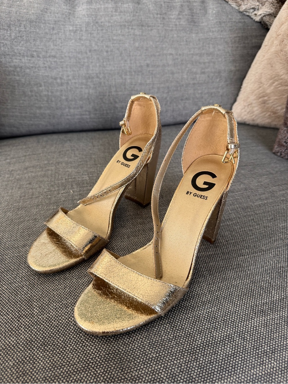 G by Guess Metallic Gold Block Heel Sandals with Ankle Strap